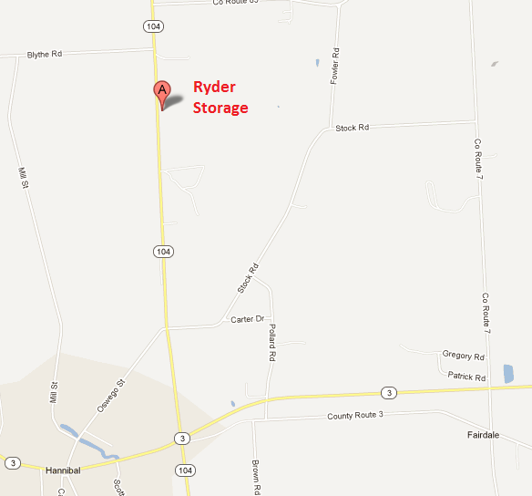 Map showing Ryder Storage on State Route 104 north of Hannibal, NY